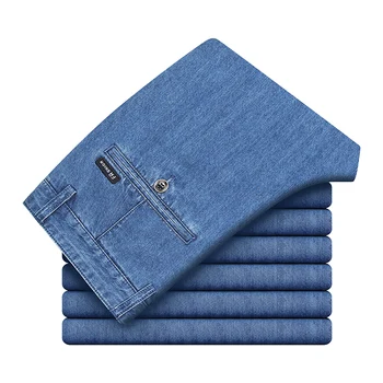 Маркови класически дънки от 100% памук, мъжки бизнес пролет-лято свободни преки дънкови панталони, гащеризони, панталони Големи размери 40 42