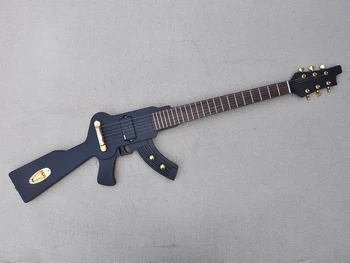 Матово черен електрическа китара във формата на пистолет с брачните от палисандрово дърво 22 прагчета, златен обков, адаптивни