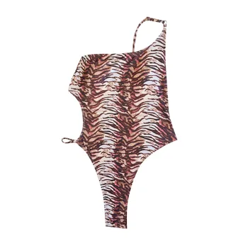 Модни дамски приталенные секси бикини с вградени купальниками на едното рамо с леопардовым принтом и накладки на гърдите, бански без стомана