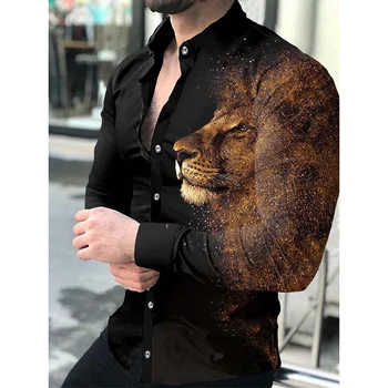 Модни Луксозни светски мъжки ризи с отложным яка, риза с копчета, ежедневни блузи с дълъг ръкав и принтом лъв, мъжки дрехи, жилетка за бала