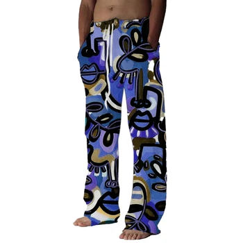 Мъжки панталони, летни панталони, плажни панталони, еластичен колан с абстрактно графичен принтом, удобни и дишащи