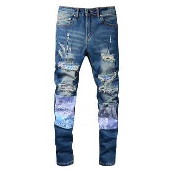 Мъжки скъсаните джинси с дупки с принтом, оръфан тънки зауженные дънкови панталони за мъже