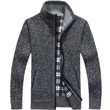 Нов мъжки вязаный пуловер, палто с дълъг ръкав, зимни дебела жилетка отвътре с цип, мъжки ежедневни дрехи на по-големи размери на есен