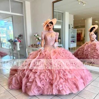 Нов Розов пищни рокля с аппликацией от мъниста, накъдрен с къс ръкав, Vestidos De 15 Anos, бални рокли принцеса на поръчка
