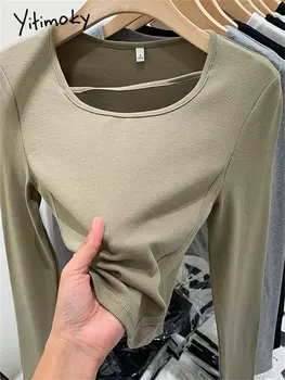 Обикновена тениска Yitimoky дамски елегантни лоскутные тениски с кръгло деколте и дълъг ръкав Пролет 2023 Корейски модерен случайни съкратен топ