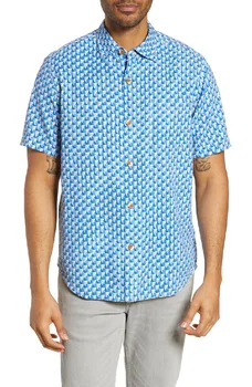 облекло за мъже, 100% коприна, мъжки синя геометрична риза с къс ръкав и отложным яка, с един джоб, големи размери, за лятната ваканция XL XXL