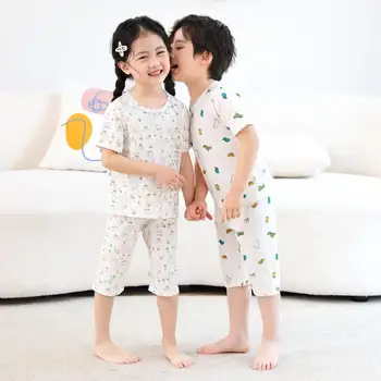 Пижамные комплекти от 100% памук за момчета и момичета, сладък cartoony зайче е във формата на сърце с динозавром, детски пижами, детски пижами, летни детски дрехи