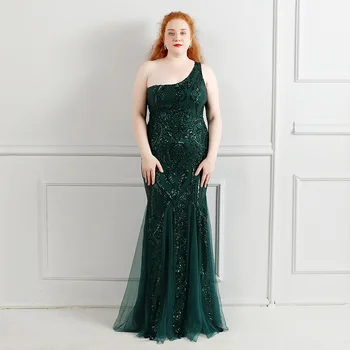 Плюс Размер в Елегантна зелена дълга вечерна рокля с пайети на едно рамо, на новост 2021 година, секси вечерна рокля, булчински облекла