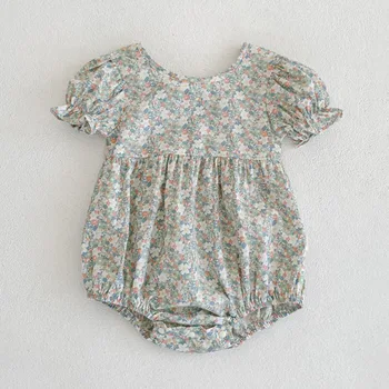 Ританки за бебе момиче с къс ръкав и принтом, дрехи от 0 до 2 години, сладки бебешки гащеризони за малки момичета