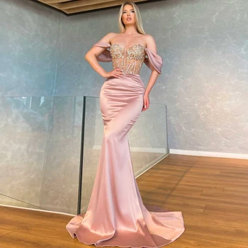 Розови вечерни рокли с мъниста, дълги 2021, вечерни рокли на Русалка с открити рамене, красиви секси вечерни рокли robes de soirée