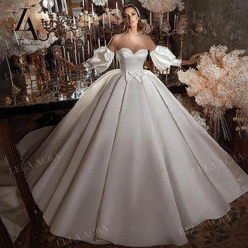 Сватбена рокля LelaAcra от сатен, расшитое мъниста, 2023, принцеса рокля на Булката с пищни ръкави и влак, SM31, големи Размери, Vestido de Noiva