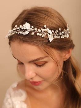Сватбени превръзки с сребърни листа, кристали, перли, панделка за коса, Луксозни диадеми, Подарък диадема, романтични аксесоари за коса за младоженци