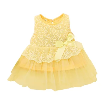 Сетчатое рокля в стил мозайка за новородено, без ръкави рокля с цветя модел и кръгло деколте с лък за малки момичета