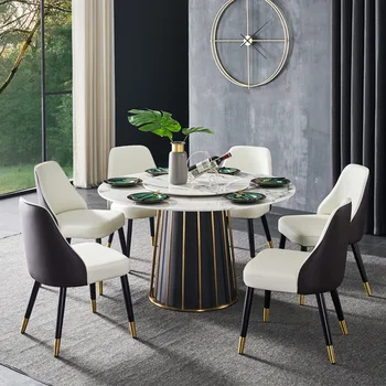 Скандинавски маса за хранене, модерен минималистичен домашен мрамор кръгла маса за хранене и комбинация от стола