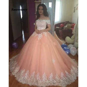 Сладки 16 персиковых буйни рокли с отворени рамене, апликации, буйни корсет на гърба, бална рокля на принцеса за момиченца на 15 години, абитуриентски рокли за партита