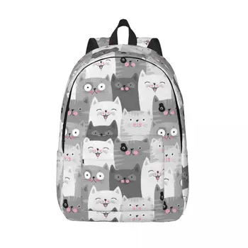 Студентски чанта, черен, бял, сив раница с котки, лека раница за родители и деца, чанта за лаптоп, за двойки