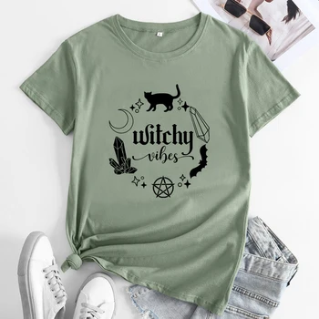 Тениска с Ведьмовскими Флюидами от 100% памук, Мистичен Базова Тениска Witch Wiccan, Camiseta, Естетически Жена Топ с Языческим Магьосничество, Тениска
