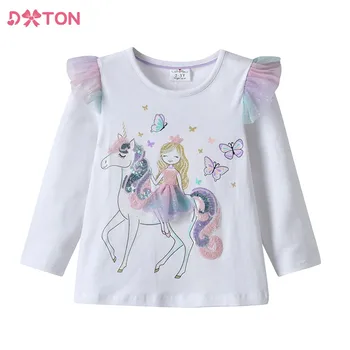 Тениски DXTON с единорогом, дрехи за момичета, върхове с анимационни пеперуда, детски дрехи, ежедневни тениски с дълъг ръкав, връхни дрехи за деца, блузи