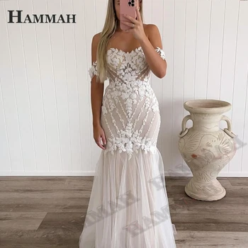 Хамма с открити рамене, сватбени рокли на русалка за сватба, тюлевые апликация на принцеса, илюзия на сватбена рокля