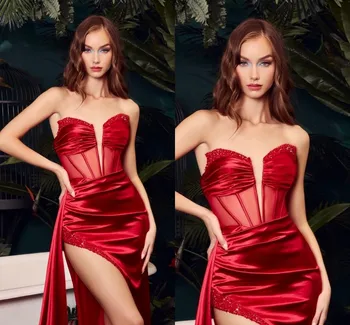 Червени секси абитуриентски рокли стил Русалка, за жени, по-големи размери, скъпа, расшитая мъниста, пайети, гънки, официално облекло, вечерни тоалети за рожден ден