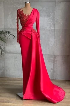 Червени секси вечерни рокли на Русалка с V-образно деколте, атласное рокля за абитуриентски бал с аппликацией, секси вечерна рокля Robes De Soirée