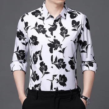 Черна риза с флорална 3D принтом за мъже, дълъг ръкав, извънгабаритни копринена Летни качествени меки Удобни ежедневни луксозни Camisas De Hombre
