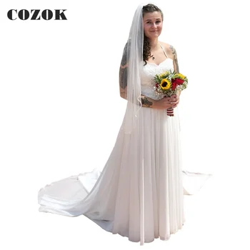 Шифоновые сватбени рокли трапецовидна форма, с хубав дантела и мъниста, елегантни вечерни дамски рокли сватба CZ05