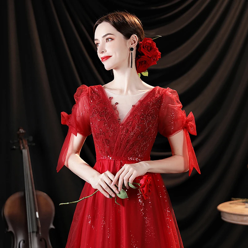 AnXin SH princess блестящо червено дантелено вечер винтажное рокля с кръгло деколте, расшитое мъниста и хрустальным лък, къс ръкав трапецовидна форма, вечерна рокля 17927