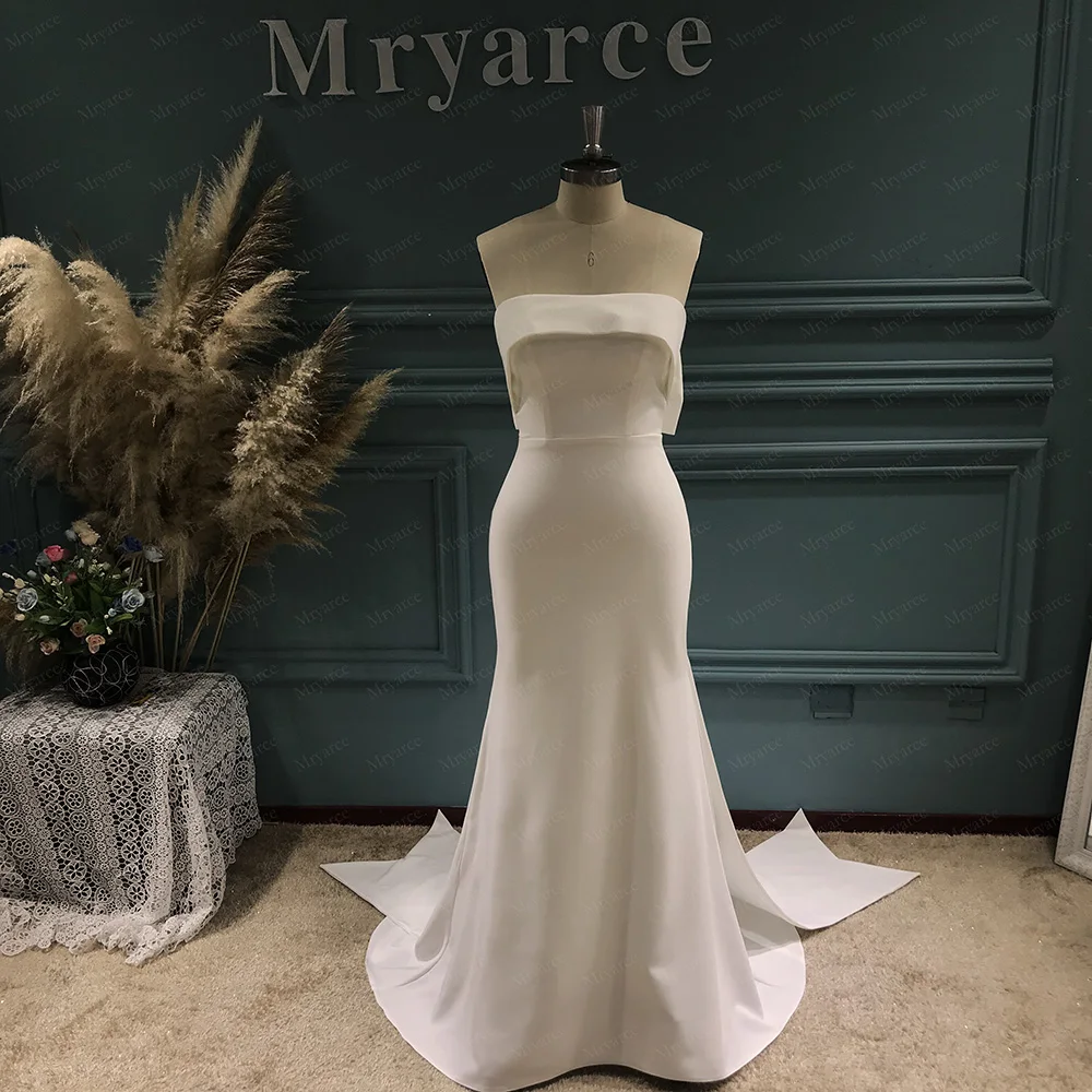 Mryarce Просто елегантна сватбена рокля от крепа без презрамки, рокли сватба с подвижна лък отзад