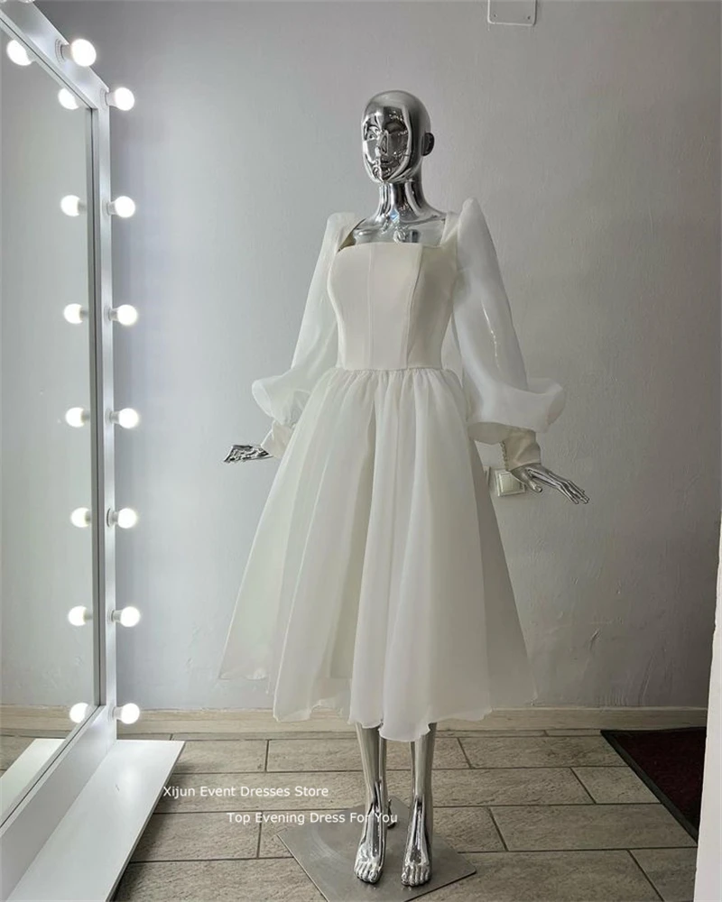 Бяло просто вечерна рокля Xijun, къса рокля за абитуриентски бал от органза с пищни ръкави, Рокли за Абитуриентски бал, Празнична рокля Фея Принцеса 2023, Завръщане у дома