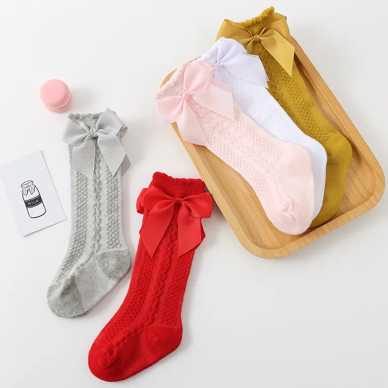 Зимни, есенни коледни чорапи за малки момичета, детски дълги чорапи до коляното с лък, памучни испански чорапи за деца 1-8 години
