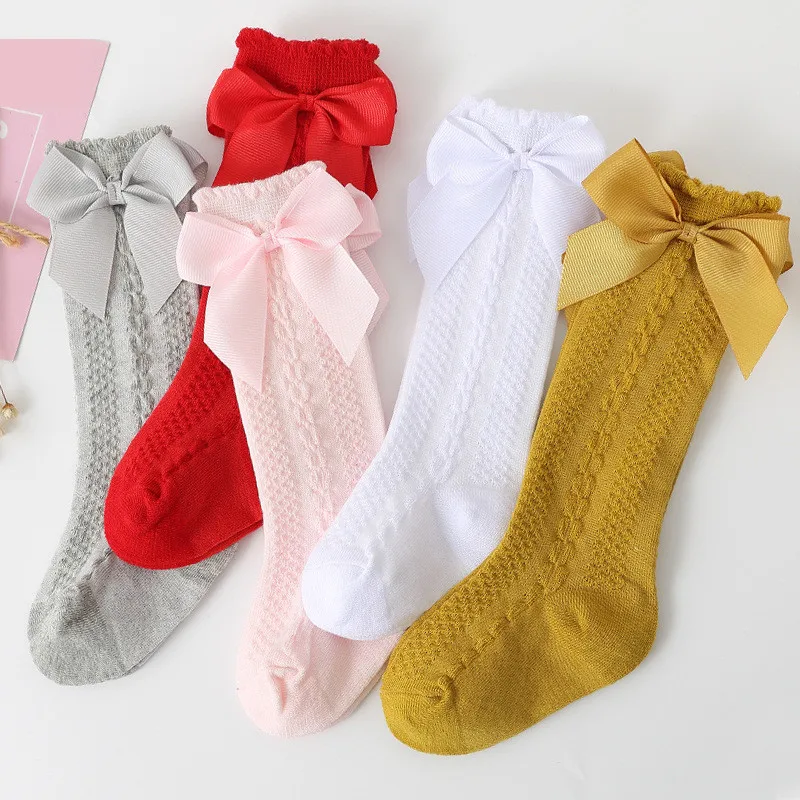 Зимни, есенни коледни чорапи за малки момичета, детски дълги чорапи до коляното с лък, памучни испански чорапи за деца 1-8 години