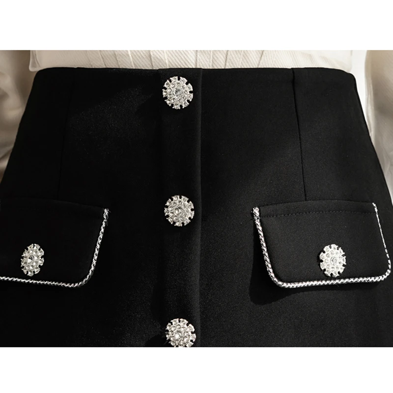 Черна Пола с диамантена тока, мини-пола трапецовидна форма с цип с висока талия, Дамски лятна корейската мода 2023, дамски дрехи Falda Mujer